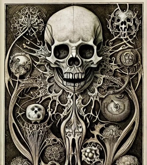 Image similar to memento mori by arthur rackham, art forms of nature by ernst haeckel, exquisitely detailed, art nouveau, gothic, ornately carved beautiful skull dominant, intricately carved antique bone, art nouveau botanicals, ornamental bone carvings, art forms of nature by ernst haeckel, horizontal symmetry, arthur rackham, ernst haeckel, symbolist, visionary