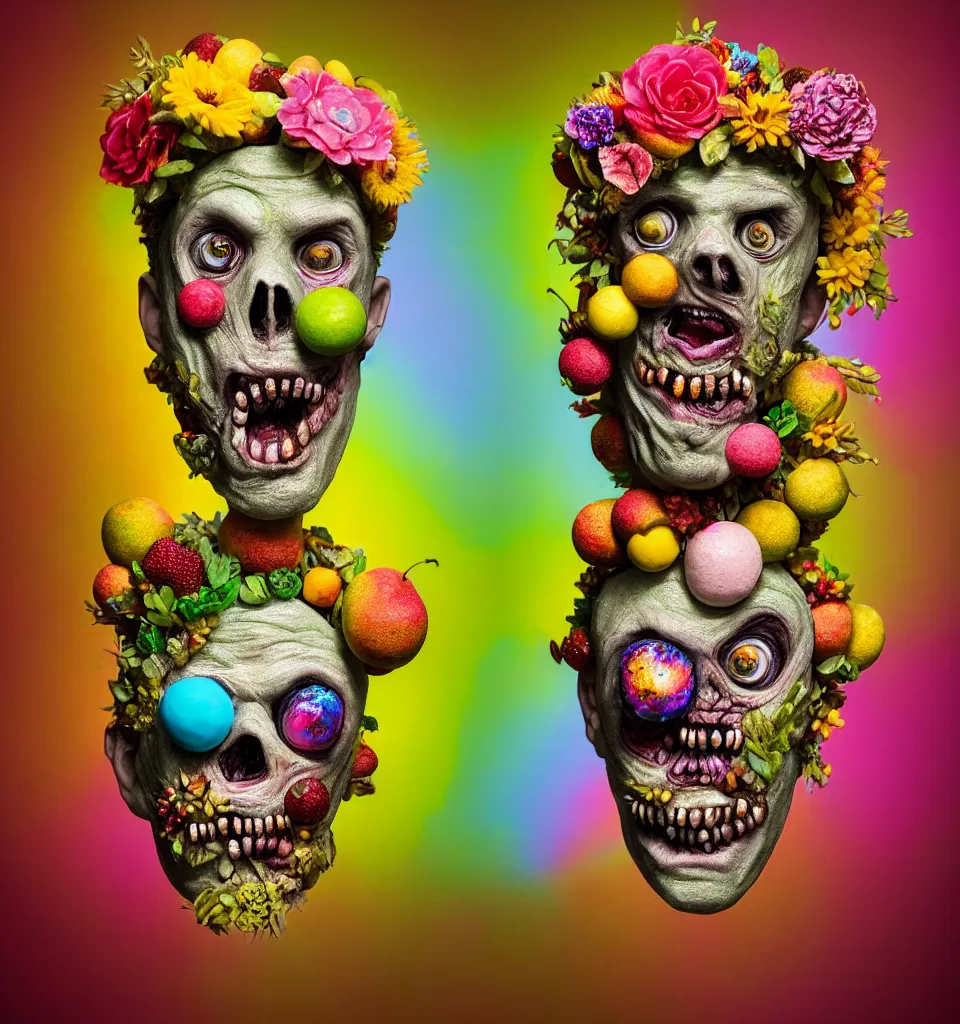 Image similar to headshot of a trickster nature zombie, head made of fruit and flowers in the style of arcimboldo, covered with iridescent bubbles, fragonard, photorealistic, dynamic lighting, action figure, clay sculpture, claymation, turquoise pink and yellow, rainbow stripe backdrop