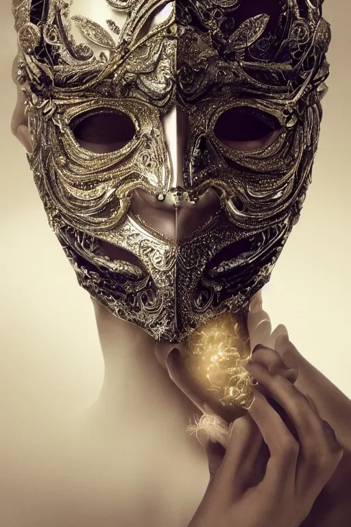 Prompt: a hyper detailed full faced mask detailed stitching, elaborate, extravagant beautifully lit, cinematography, 8 k post production, atmospheric background, ambient occlusion, global illumination by balenciaga, wlop, riyahd cassiem, art station trending, concept art