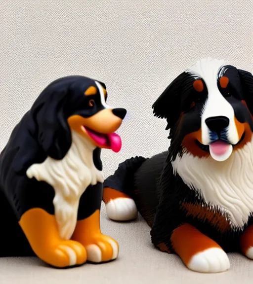 Prompt: a bernese mountain dog sitting next to a person, the person is a small toy figurine, the dog is a large large dog
