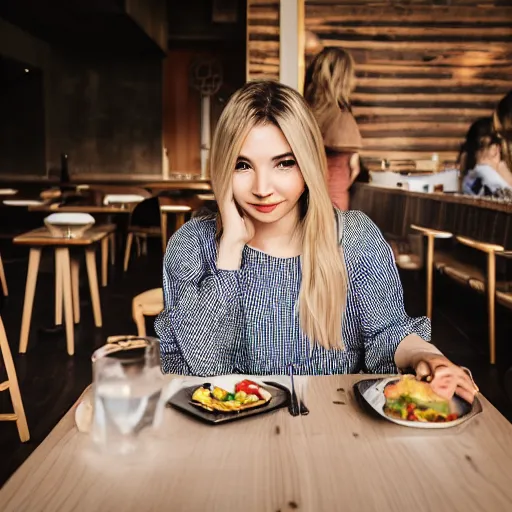 Prompt: The influencer EnjoyPhoenix dining in a Canadian restaurant called Lapinou. Hyperrealistic sharp photo, sigma 1/6. 50 mm