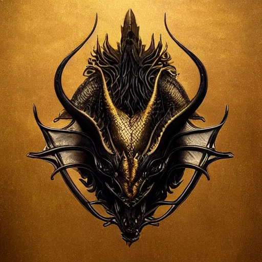 Image similar to emblem of black dragon on a gold metallic dragon emblem, by artgerm, tom bagshaw, gerald brom, moody vibe, goth vibe, gold, 4 k, hd,