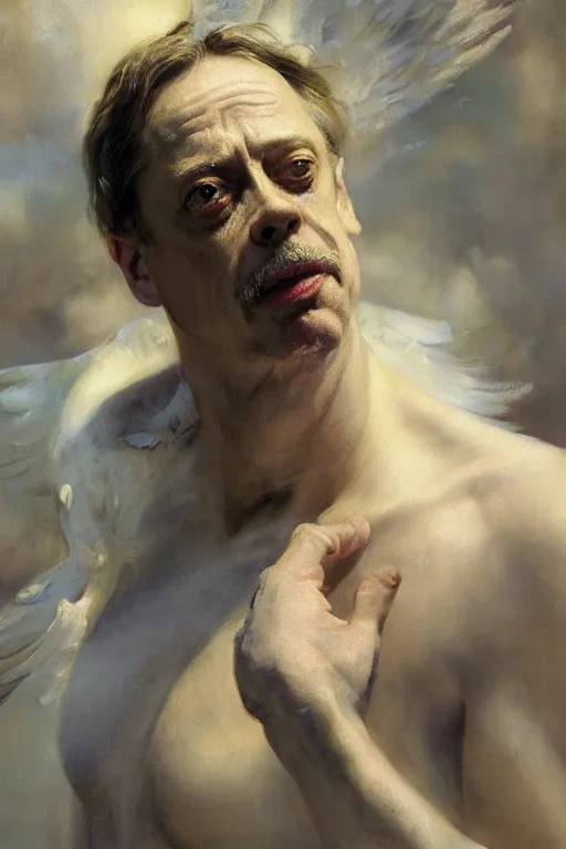 Image similar to beautiful detailed expressive impressionistic oil painting portrait of ancient roman god emperor steve buscemi levitating in angelic pose wearing the civic crown, art by anders zorn, wonderful masterpiece by greg rutkowski, expressive brush strokes, beautiful cinematic light, american romanticism by greg manchess, jessica rossier