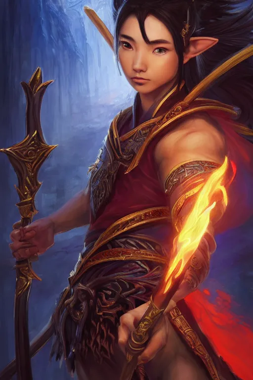 Image similar to a masterpiece portrait of nezha, young elf prince holding spear, flame everywhere, epic pose, fantasy character portrait, closeup shot, hyper detailed, digital painting, 8 k realistic, trending on artstation, sharp focus, dof, by fenghua zhong, artgerm, ne zha from smite, jeff easley, raymond swanland