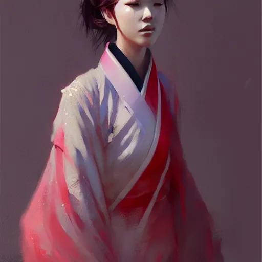 Image similar to oil painting girl wearing hanfu, herb rose, by greg rutkowski, artstation