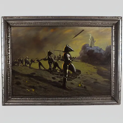 Prompt: oil painting of a ground covered in medieval silver soldier corpses, war, storm dawn, by Frank Frazetta, by Georgia O Keeffe sfumato, realistic