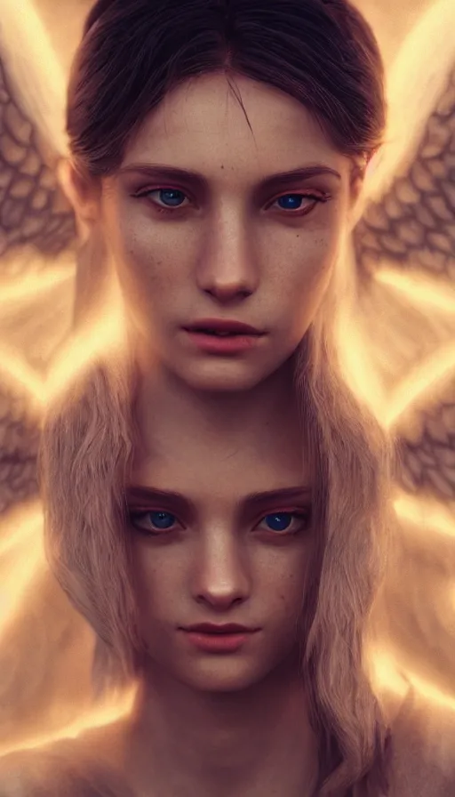 Image similar to portrait art of female angel, art by alessio albi 8 k ultra realistic, angel wings, lens flare, atmosphere, glow, detailed, intricate, full of colour, led lighting, trending on artstation, 4 k, hyperrealistic, focused, extreme details, unreal engine 5, masterpiece