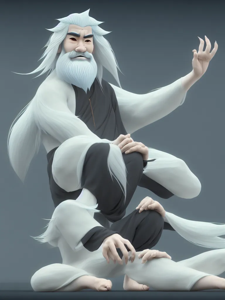 Prompt: the whole body of fuxi in chinese mythology, long white hair, long white beard, animation style, in style of makoto shinkai, raphael lacoste, kind and solemn, sit on the ground, 3 d render, hyper detailed, 4 k hd