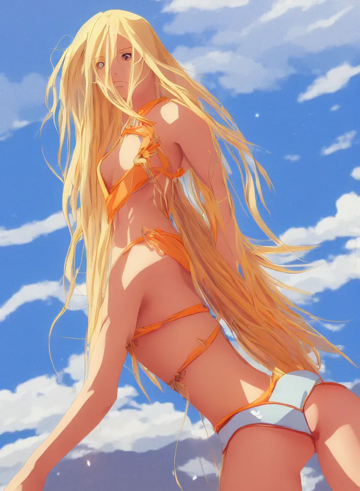 Image similar to beautiful blond woman in orange tribal bikini, long blond hair behind the ear, by makoto shinkai, 8 k, high resolution render, cinematic color grading, clean lineart and flat color,