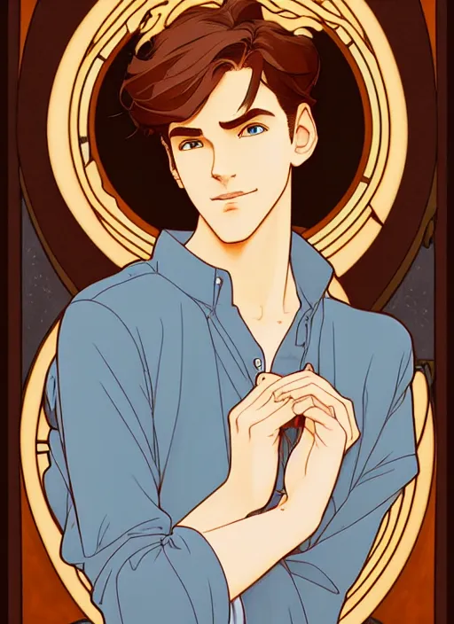 Prompt: well - lit art nouveau portrait of a young man with medium length auburn hair, pale skin, freckles, light blue eyes, casual clothes, natural lighting, path traced, highly detailed, high quality, cartoon, digital painting, by don bluth and ross tran and studio ghibli and alphonse mucha