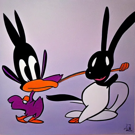 Prompt: Sumi-E painting of Bugs Bunny slapping Daffy Duck.
