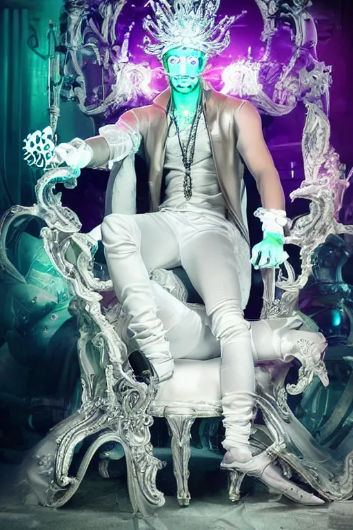 Prompt: full-body rococo and cyberpunk style neon statue of a muscular attractive Zayn Malik macho dotado e rico android sim roupa reclining con las piernas abertas e la piroca dura, glowing white lasers, glowing eyes, silver prince crown, silver steampunk gears, white diamonds, swirling mint-colored silk fabric. futuristic elements. ethereal white dripping tar. full-length view. space robots. human skulls. intricate artwork by caravaggio. Trending on artstation, octane render, cinematic lighting from the right, hyper realism, octane render, 8k, depth of field, 3D