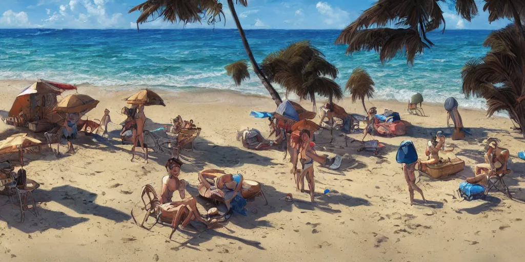 Image similar to precisely drawn illustration of a small camp on a beach. Wide angle, Sharp, Fine Details, Fantasy, realistic shaded lighting, in style of Katsuhiro Otomo, Magali Villeneuve, Artgerm, Rutkowski, Jeremy Lipkin, Giuseppe Dangelico Pino, Michael Garmash and Rob Rey