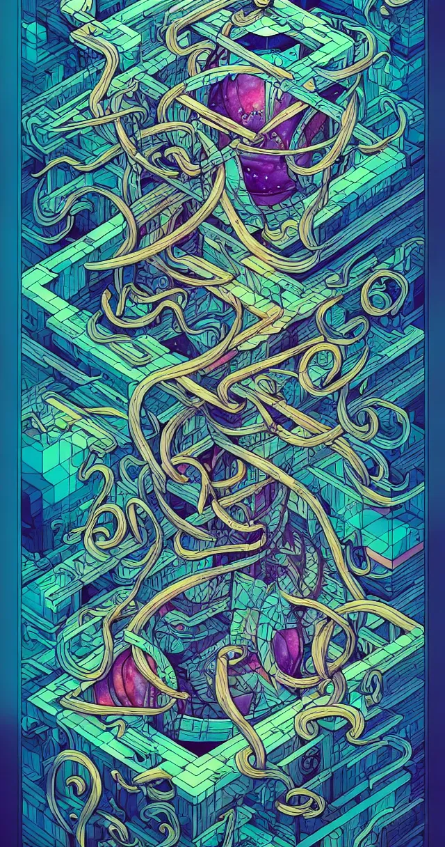 Image similar to arcane twisted turn of fate abstraction, centered award winning ink pen illustration, isometric abstract illustration by dan mumford, edited by craola, technical drawing by beeple and tooth wu, tiny details by artgerm and watercolor girl, symmetrically isometrically centered