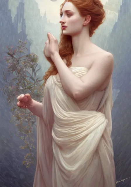 Image similar to sansa angeline jolie, intricate, elegant, highly detailed, digital painting, artstation, concept art, smooth, sharp focus, illustration, art by artgerm and greg rutkowski and alphonse mucha and william - adolphe bouguereau