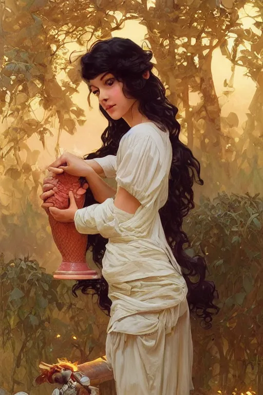 Image similar to beautiful cottagecore of a girl with short black curly hair, round face, cute face, holding a salmon-coloured vase. intricate, elegant. highly detailed, digital painting, artstation, concept art, smooth, sharp, focus, illustration. . art by artgerm and greg rutkowski and alphonse mucha