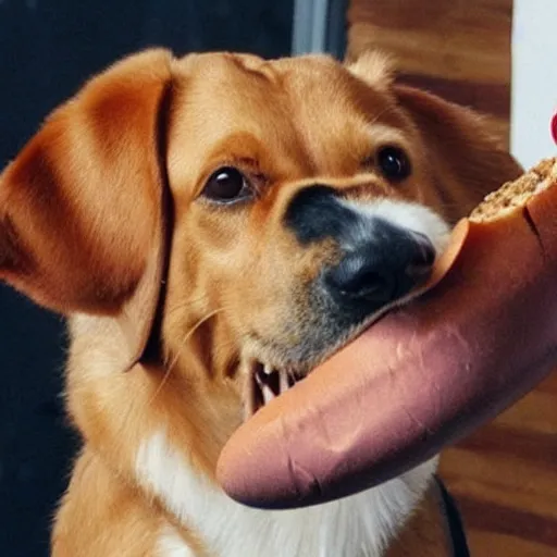 Image similar to a dog eating a hot dog, surreal