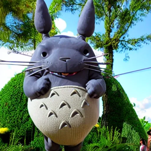 Prompt: photo of a totoro animatronic on disney's it's a small world ride