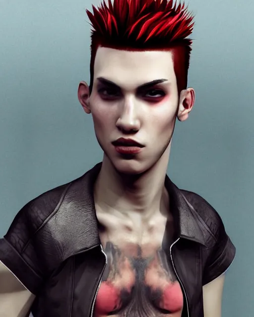 Prompt: young man with a short red mohawk, red irises and a slim face, piercings, dressed in crustpunk clothing, headshot, attractive, handsome, model, trending on artstation, high quality art, character design, realism art, award winning art, clean face, in color, no makeup, no tattoos, no facial hair