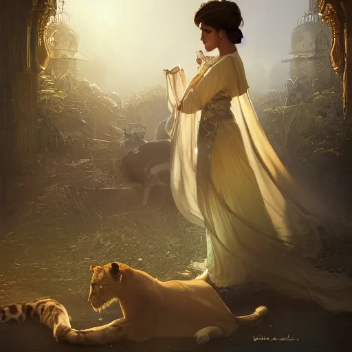 Image similar to a Photorealistic dramatic hyperrealistic render of an arab ameera al taweel, green tan skin, eyes, brown hair, white veil, with a pet lion by WLOP,Artgerm,Greg Rutkowski,Alphonse Mucha, Beautiful dynamic dramatic dark moody lighting,shadows,cinematic atmosphere,Artstation,concept design art,Octane render,8K