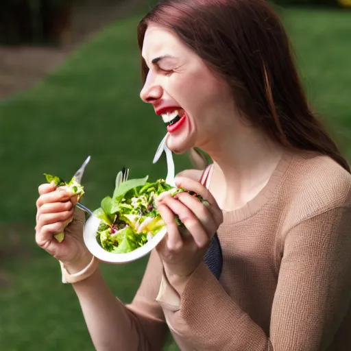 Image similar to Stock photo of woman eating salad with spork and laughing