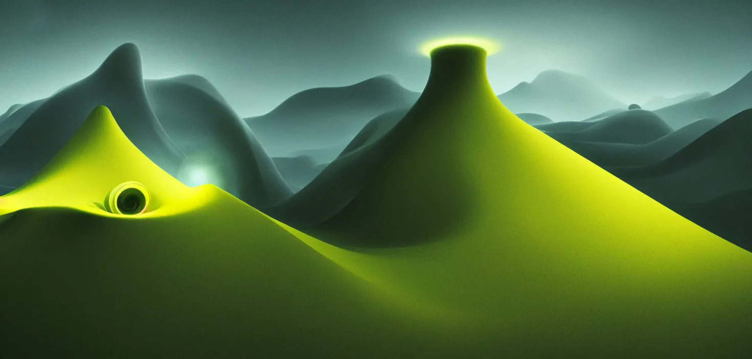 Image similar to a painting of a green and yellow swirl in the middle of a mountain, a computer rendering by mike winkelmann, shutterstock contest winner, nuclear art, tesseract, apocalypse art, concept art