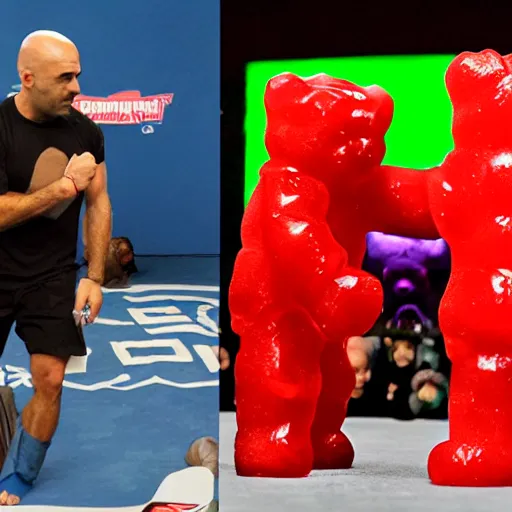 Image similar to joe rogan fighting a life sized gummy bear