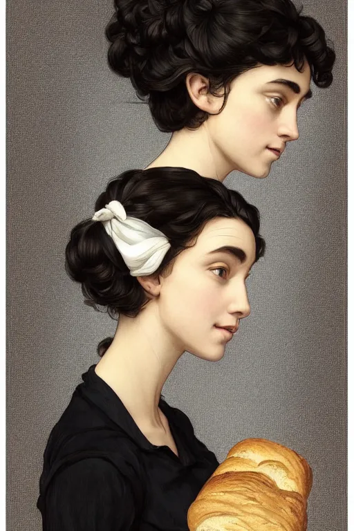 Image similar to beautiful cottagecore of a girl with short black curly hair, round face, cute face, holding a loaf of bread. There's also a black cat on her shoulder. intricate, elegant. highly detailed, digital painting, artstation, concept art, smooth, sharp, focus, illustration. . art by artgerm and greg rutkowski and alphonse mucha