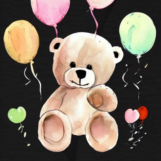 Image similar to watercolor cute animated teddy bear holding birthday balloons, white background,