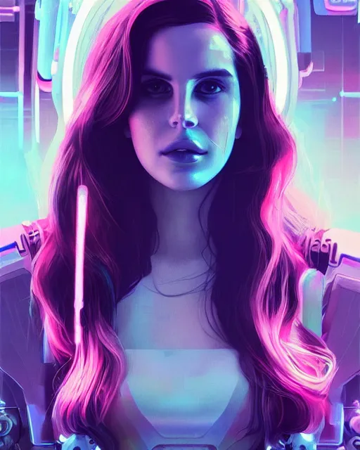 Image similar to portrait of lana del rey as a cyborg. intricate abstract. intricate artwork cyberpunk by tooth wu, wlop, beeple, dan mumford. octane render, trending on artstation, greg rutkowski ruan jia, cinematic lighting, hyper realism, high detail, octane render, 8 k, key art, blue and pink iridescent accents