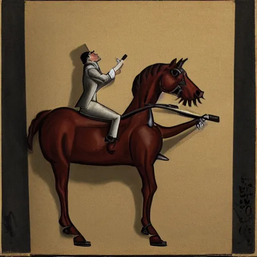 Image similar to an antropomorphic horse wearing a suit smoking a cigar