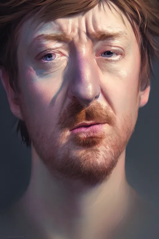 Image similar to ultra detailed close up facial portrait of rhys darby, extremely detailed digital painting, in the style of fenghua zhong and ruan jia and jeremy lipking and peter mohrbacher, mystical colors, rim light, beautiful lighting, 8 k, stunning scene, raytracing, octane, trending on artstation