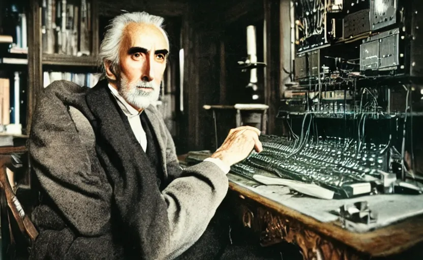 Image similar to movie still close-up portrait of Christopher Lee as 19th century inventor working on a 1880s supercomputer in a victorian house, by David Bailey, Cinestill 800t 50mm eastmancolor, heavy grainy picture, very detailed, high quality, 4k, HD criterion, precise texture and facial expression