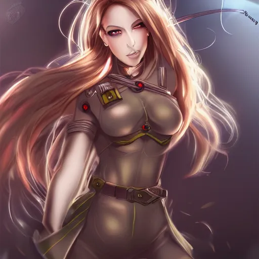 Prompt: a beautiful woman anime character soldier with long flowing hair, artgerm, art station