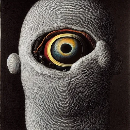 Prompt: portrait photo of a wool sock with giant eyes, face made from unfulfilled dreams, extremely high details, realistic, by Giuseppe Arcimboldo, Rene Margitte, MC Escher