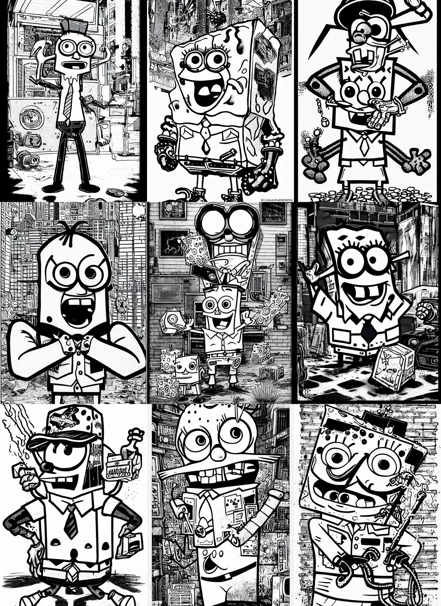 Prompt: gangster spongebob, portrait, cyberpunk 2 0 2 0 manual, by steampoweredmikej, by tim bradstreet, inktober, ink drawing, black and white, coloring pages, manga, highly detailed