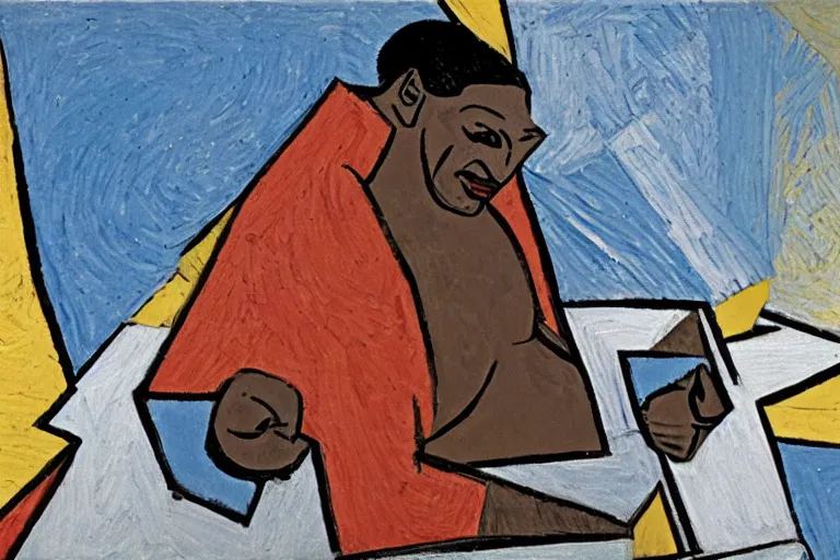 Prompt: mike tyson lying shingles on a roof by picasso