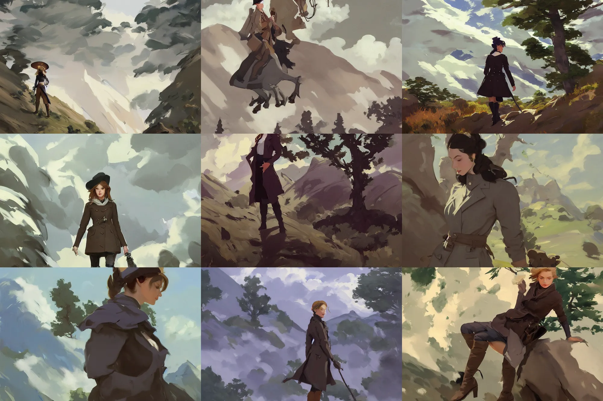 Image similar to cloth fabric jodhpurs knee high boots travel coat fashion, solo hiking in mountains trees, clouds, greg manchess painting by sargent and leyendecker, studio ghibli, fantasy, asymmetrical, intricate, elegant, matte painting, illustration, hearthstone, by greg rutkowski, by greg tocchini, by james gilleard, by joe fenton