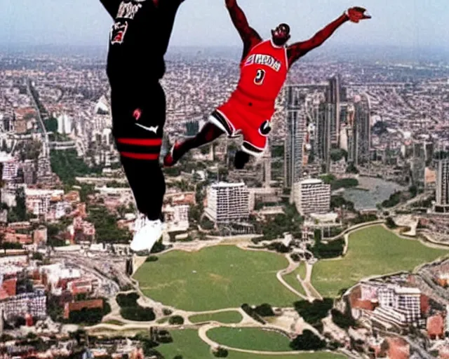 Image similar to dennis rodman t-posing in the air like jordan. he is flying over the city like a delicate little dove. he looks at the camera with intent to kill the viewer