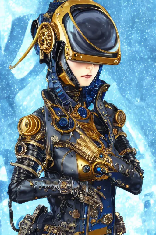 Image similar to Portrait of a steampunk sci-fi cyborg ninja, third person, D&D, sci-fi fantasy, intricate, blue and gold, highly detailed , art by Range Murata, highly detailed, 3d, octane render, bright colors, digital painting, trending on artstation, sharp focus, illustration style of Stanley Artgerm,