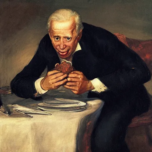 Image similar to painting of Joe Biden devouring Mitch McConnell, by Goya