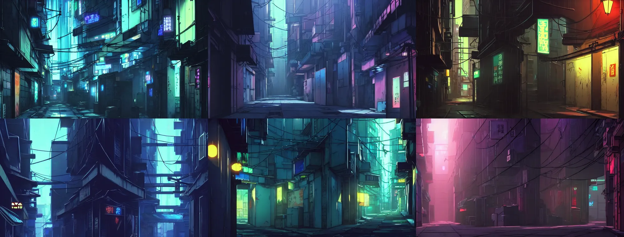 Prompt: a close up of a city alleyway in the atmospheric cyberpunk anime film, gouache matte background painting, neon noir, at night with lights, by makoto shinkai, in the anime series ergo proxy