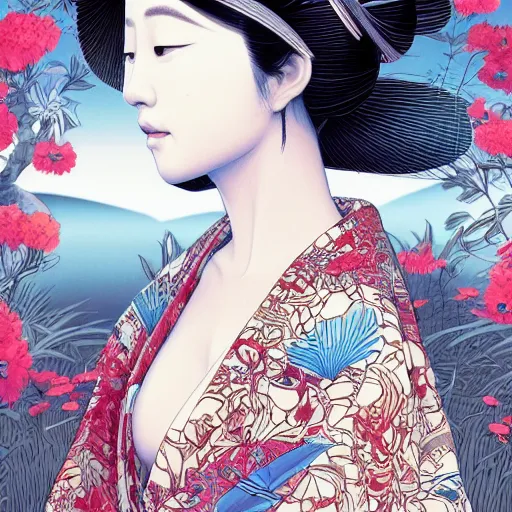 Prompt: the portrait of an unbelievably beautiful, elegant, sensual, and sophisticated young japanese geisha, an ultrafine detailed illustration by james jean, intricate linework, bright colors, final fantasy, behance contest winner, vanitas, angular, altermodern, unreal engine 5 highly rendered, global illumination, radiant light, detailed and intricate environment
