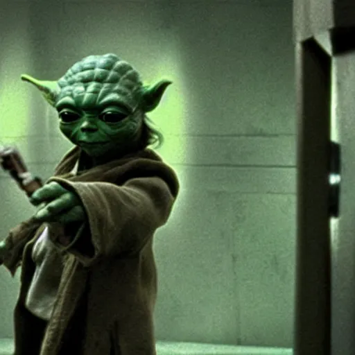 Image similar to yoda as the main protagonist in the film reservoir dogs