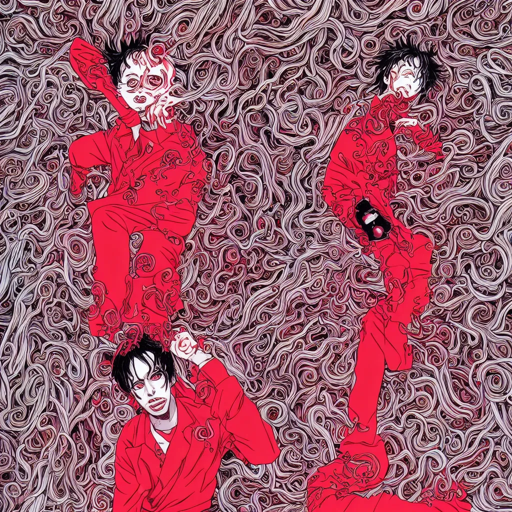 Image similar to Playboi Carti surrounded by red fog and spirals, art by guro manga artist Shintaro Kago