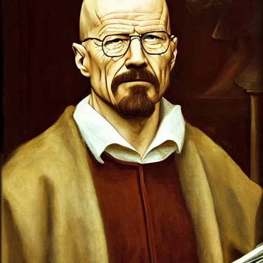 Prompt: Renaissance oil portrait of Walter White as a scholar, high-quality realistic oil painting with detailed strokes, Walter White as a robed Renaissance scholar