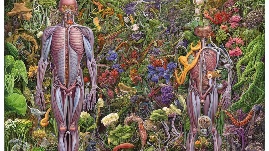 Image similar to highly detailed illustration of a human anatomy body with all the known species of plants and flowers by juan gatti, by moebius!, by oliver vernon, by joseph moncada, by damon soule, by manabu ikeda, by kyle hotz, by dan mumford, by kilian eng