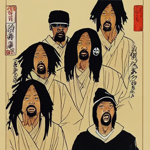 Image similar to wu-tang clan rapping, portrait, style of ancient text, hokusai