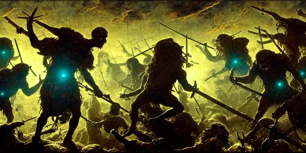 Prompt: detailed battle scene of demonic prompt engineers with neural interfaces fighting versus biblical artists with tablets still from hyperrealism surreal satanic movie by denis villeneuve and mort kunstler and norman rockwell. volumetric dramatic cyan gold light