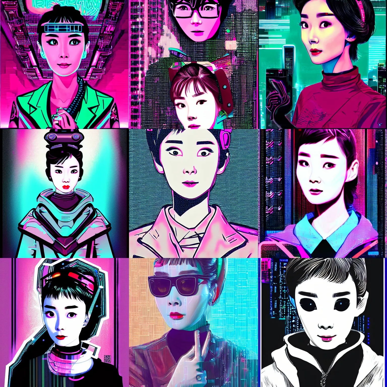 Image similar to korean audrey hepburn, detailed cyberpunk vaporwave portrait by tim doyle